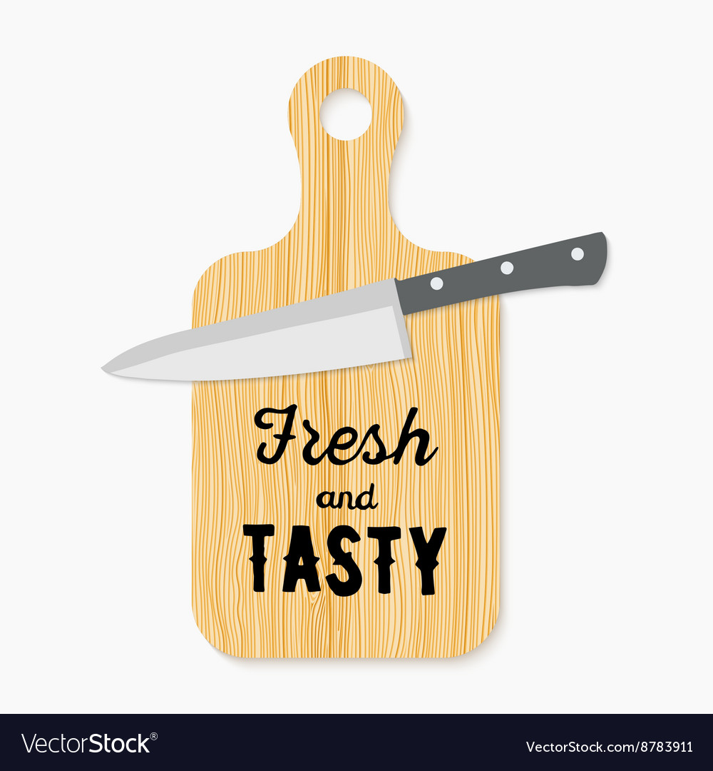 Realistic wooden cutting board and knife hand