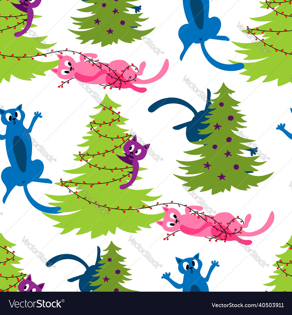 Seamless pattern with cats attacking a xmas tree Vector Image