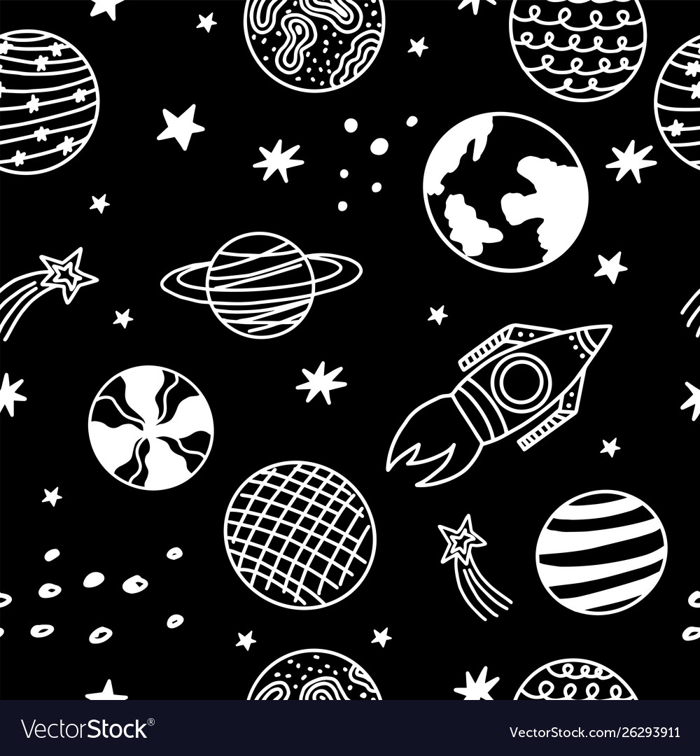 Seamless pattern with hand-drawn space elements