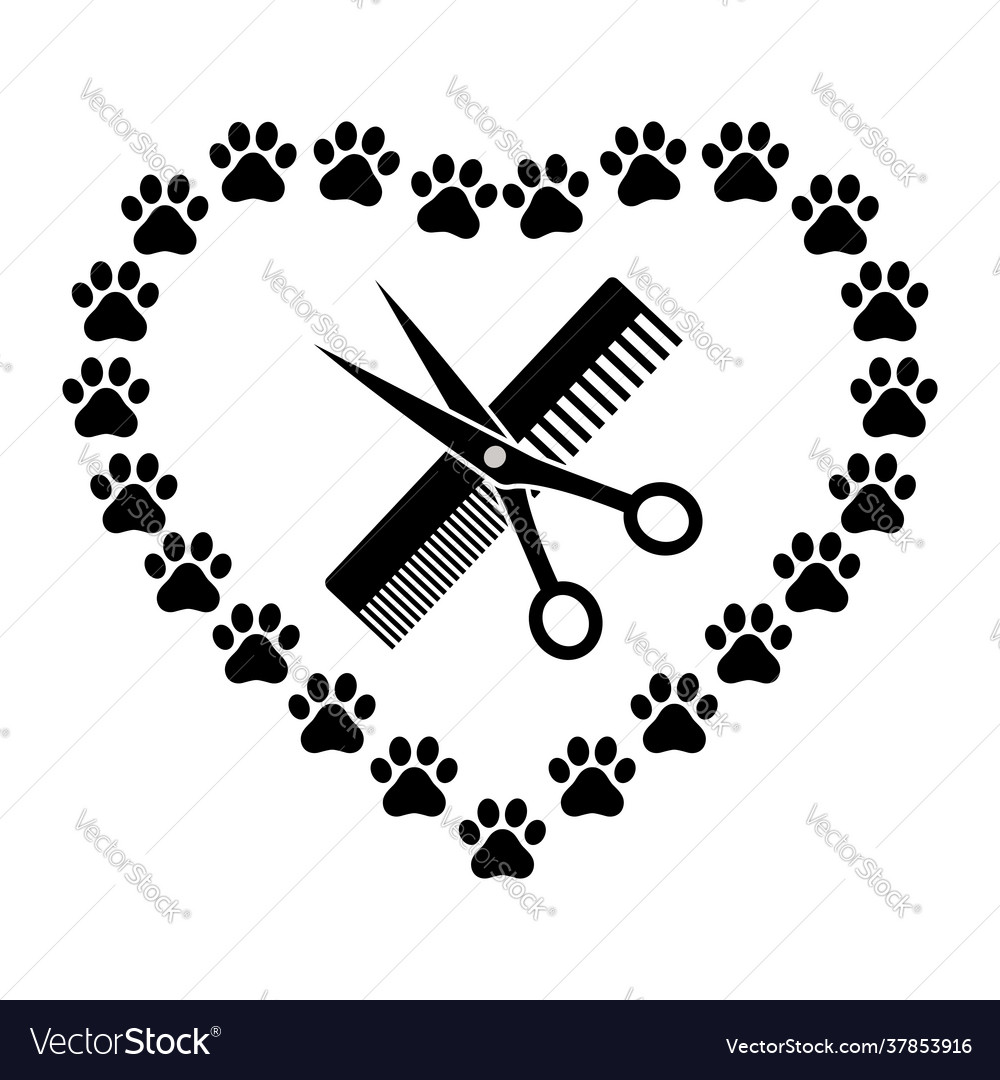 Emblem animal grooming with comb and scissors