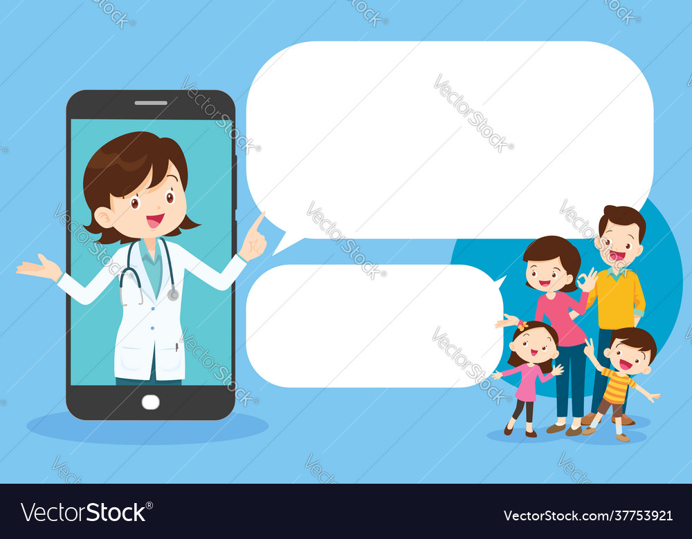 Smart woman doctor on phone screen with family