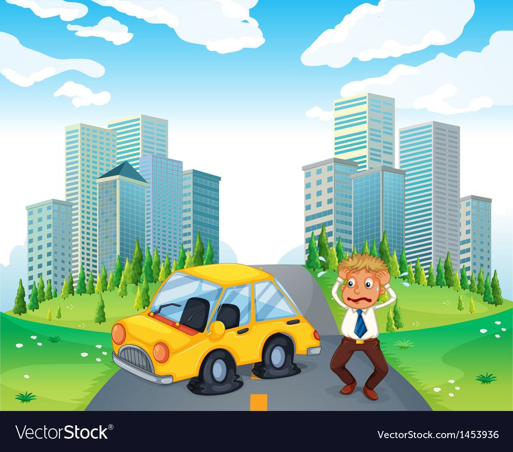 A worried owner of car with flat tires Royalty Free Vector