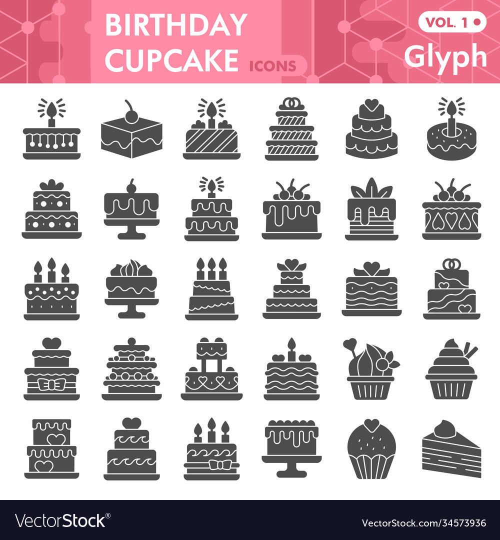 Birthday cupcake solid icon set sweets symbols