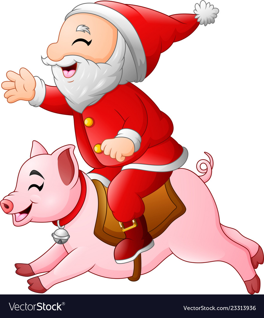 Cartoon santa claus rides on the smiling pig