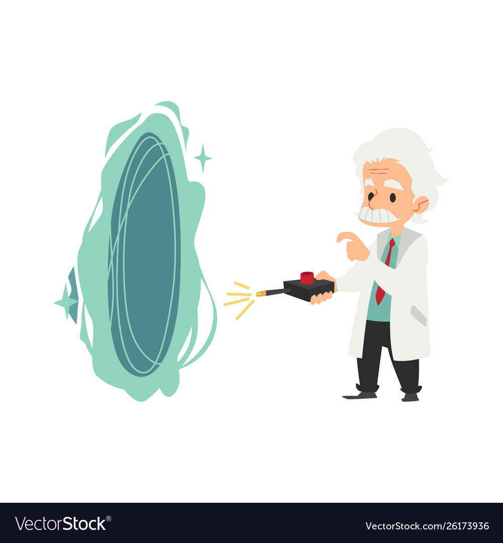 Old scientist stands holding remote control from