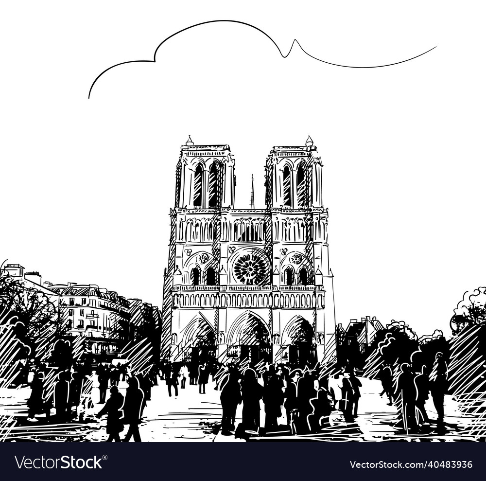 Sketch of notre dame cathedral in paris hand drawn