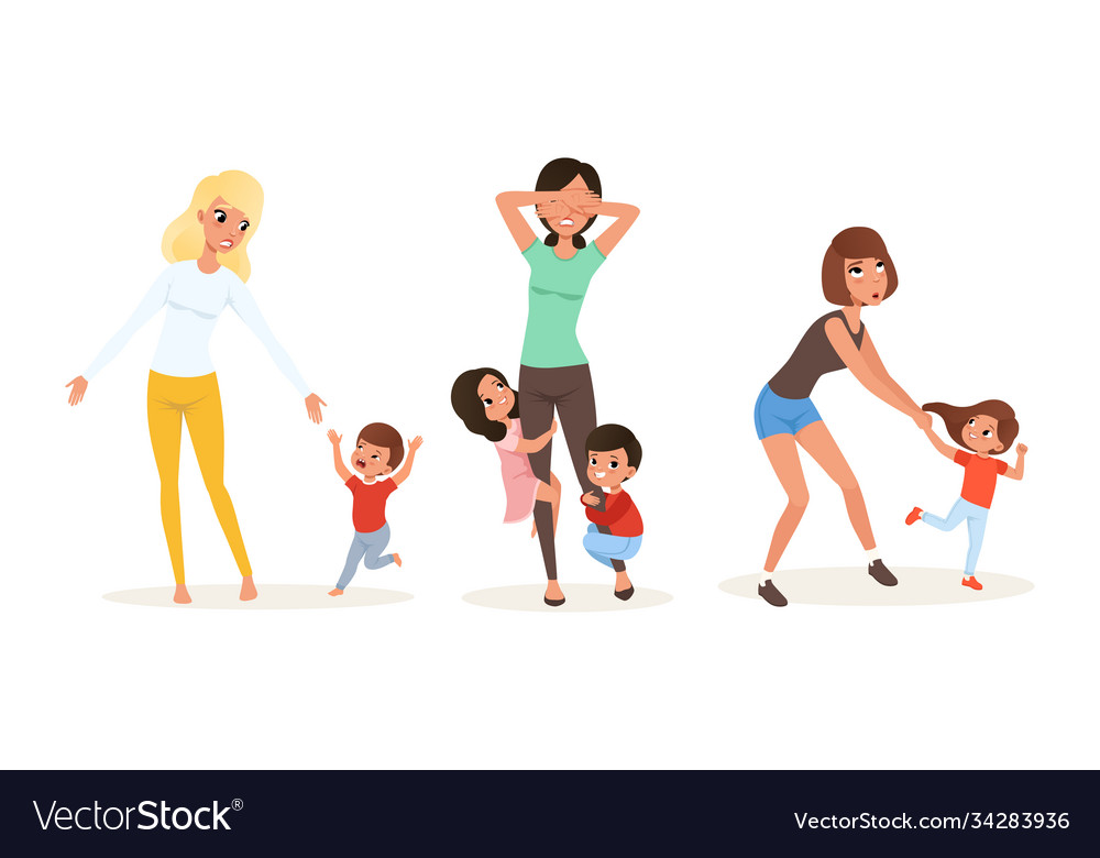 tired-young-mother-and-hyperactive-child-claiming-vector-image