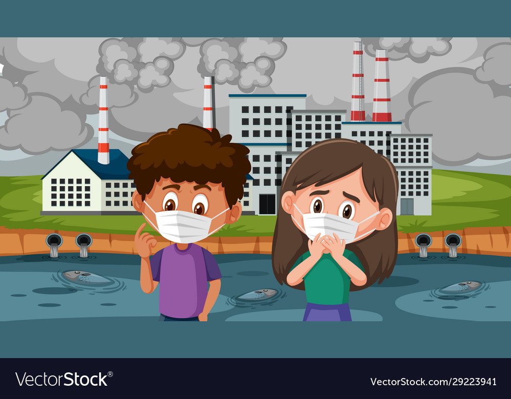 Boy and girl wearing mask in front factory Vector Image