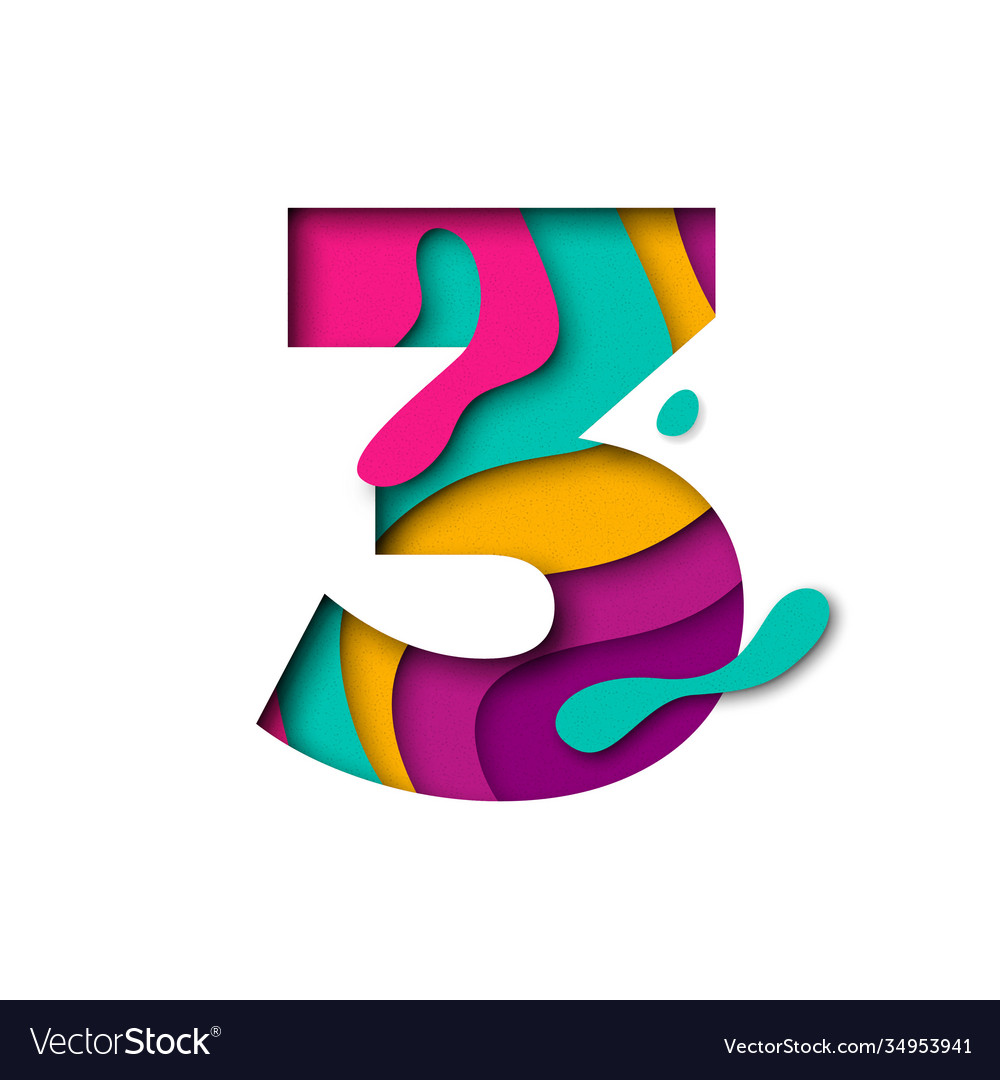 Paper cut number three 3 letter realistic 3d Vector Image