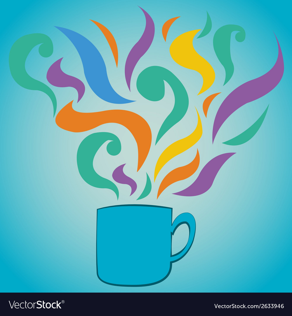 A coffee mug with colorful abstract steam