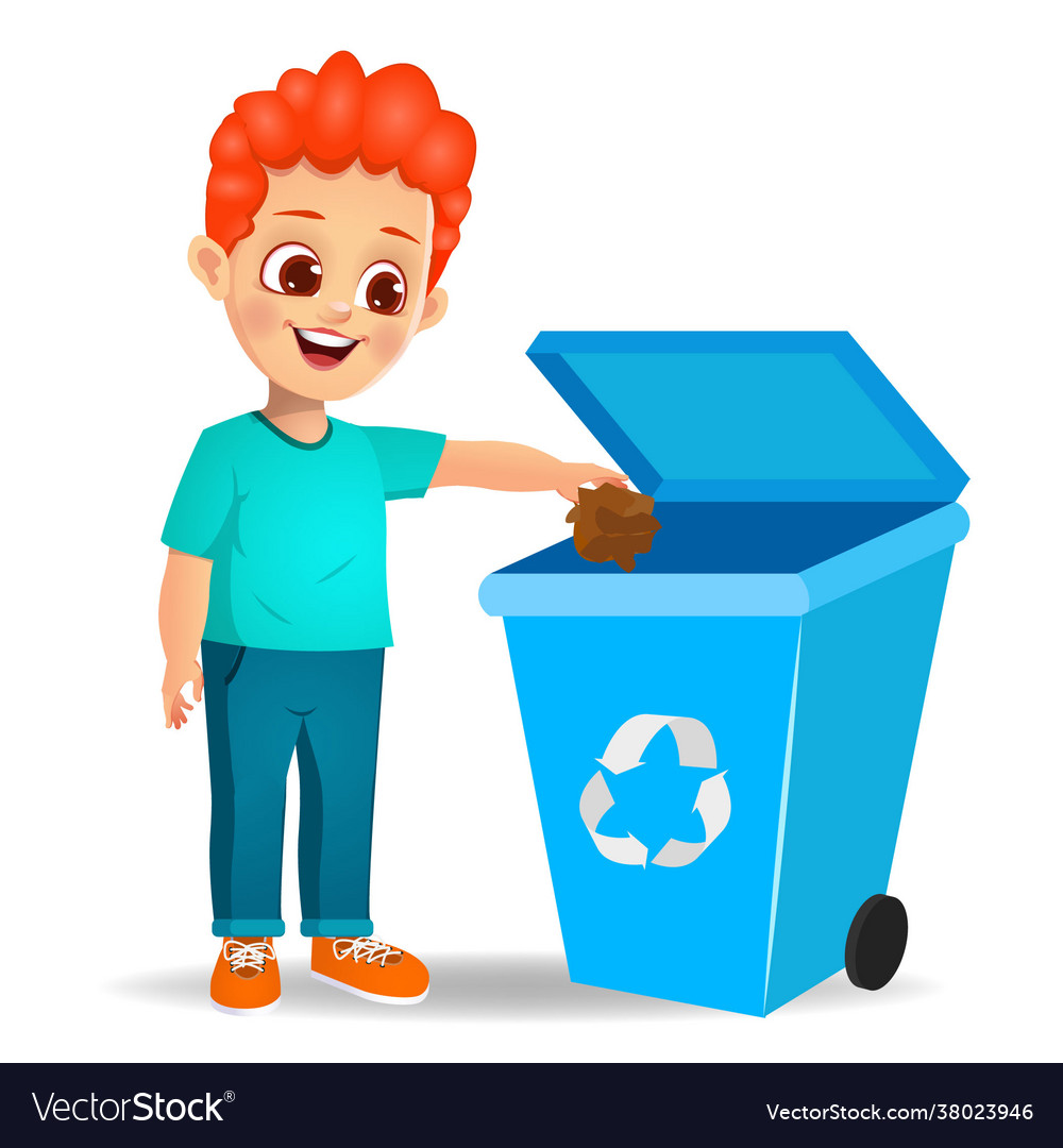 Cute boy throwing trash in recycle bin Royalty Free Vector