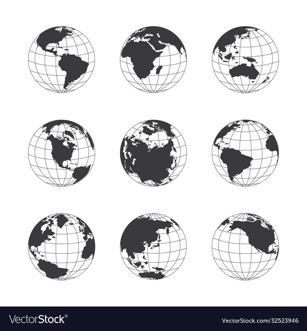 Graphic set nine globes depicting Royalty Free Vector Image