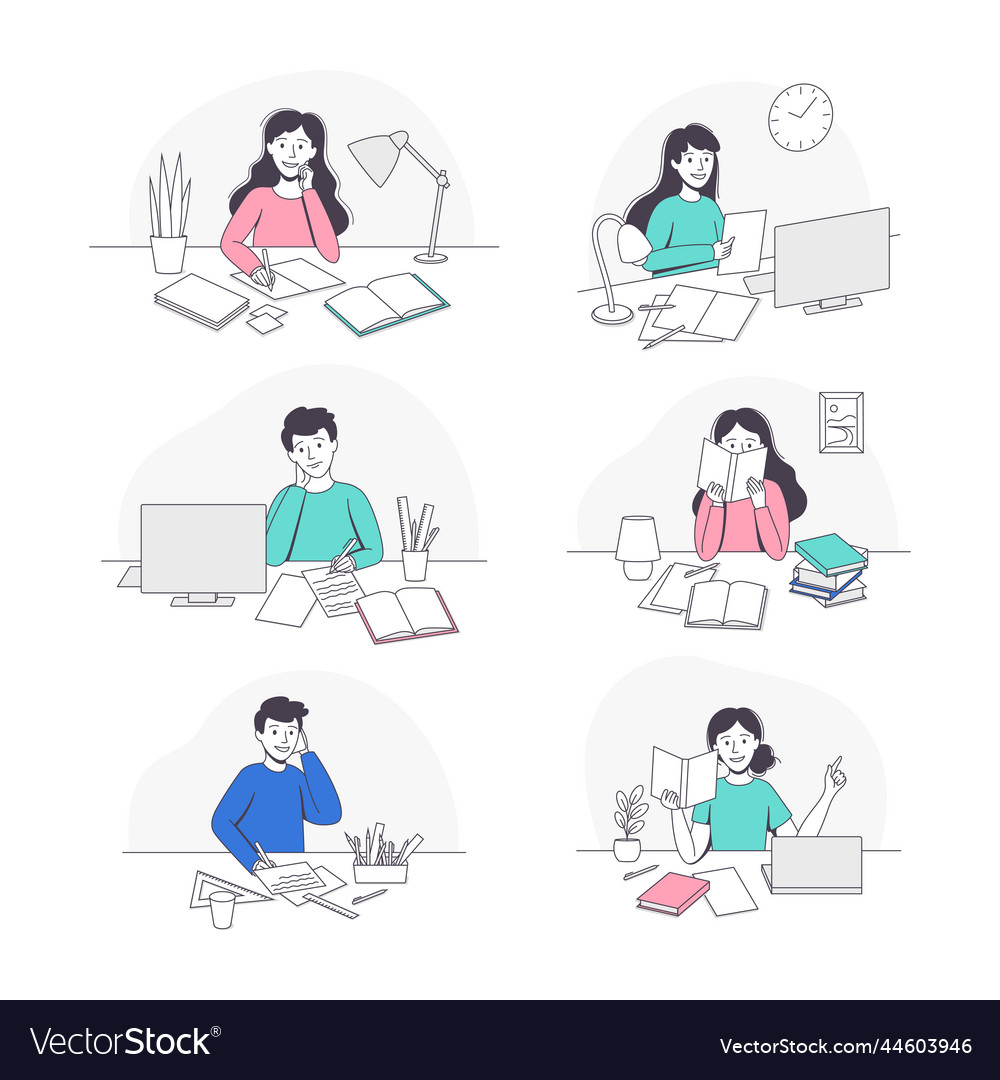 Teen Boy And Girl Doing Homework Sitting At Desk Vector Image 7182