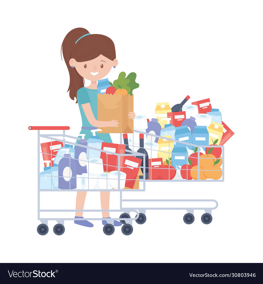 Woman shopping with cart bag and products