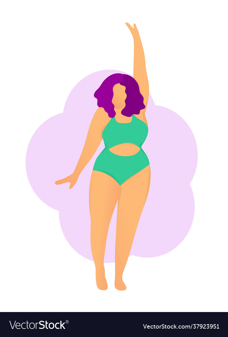 A happy plump girl in green swimsuit body