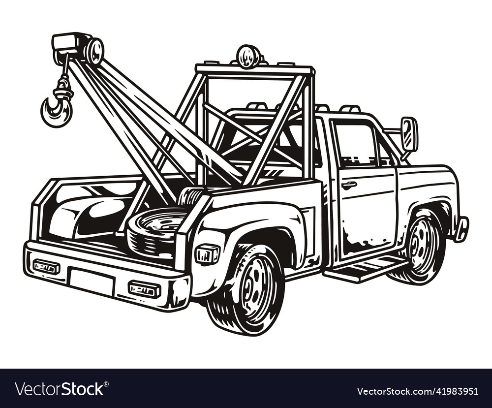 Tow truck with tire in cabin Royalty Free Vector Image