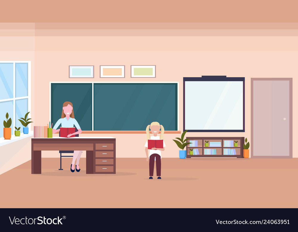 Woman teacher sitting at desk schoolgirl reading