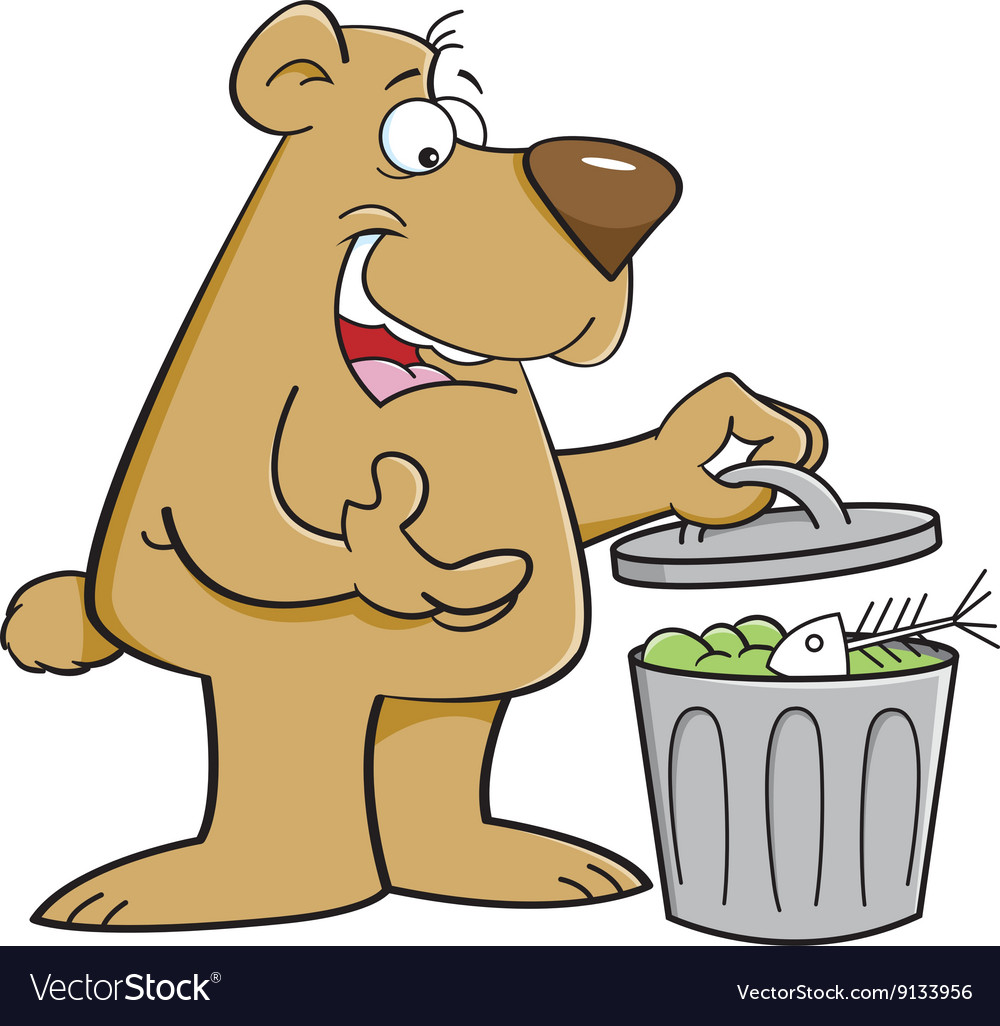 Cartoon bear looking in a garbage can