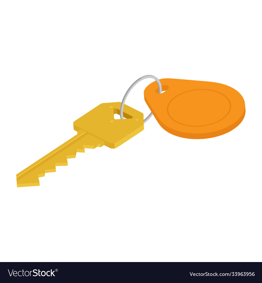 Golden key with blank orange tag isometric view