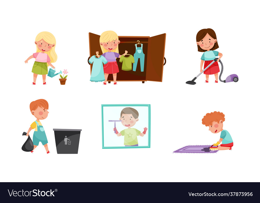 Little Boy And Girl Rubbing Carpet And Vacuum Vector Image