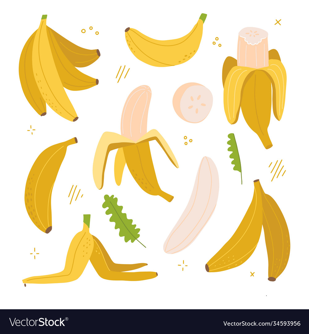 Yellow banana colorful set exotic tropical fruit