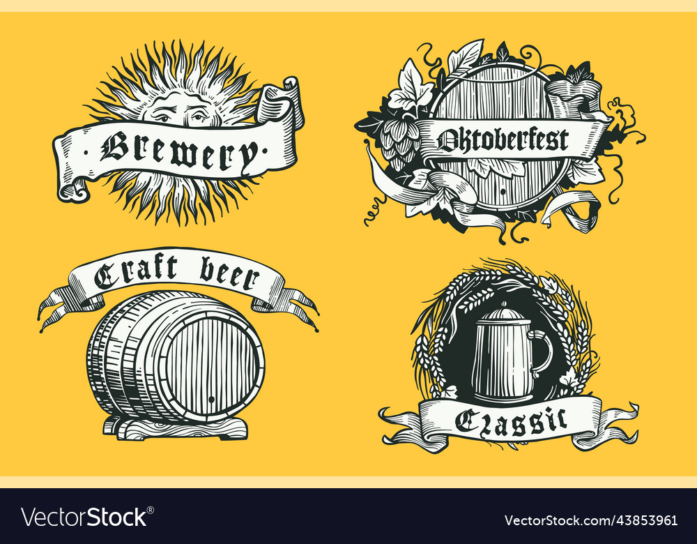 Vintage beer emblems hand drawn engraving style