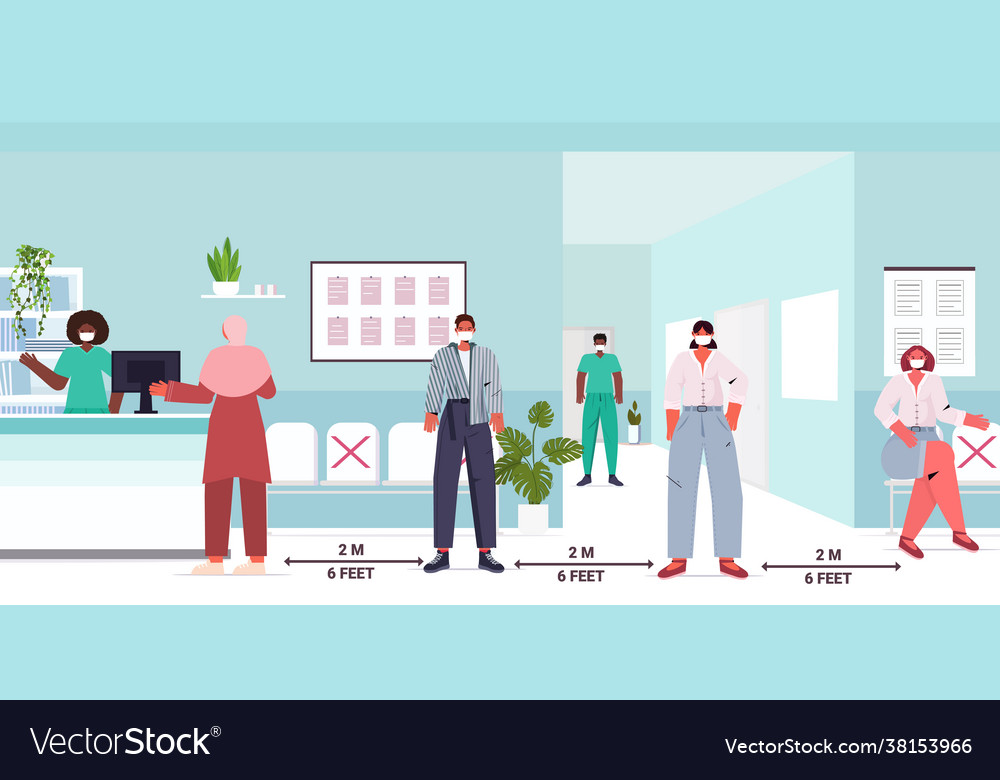 Mix race patients keeping distance to prevent Vector Image