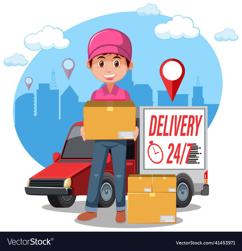 Courier holding a package with delivery panel van Vector Image