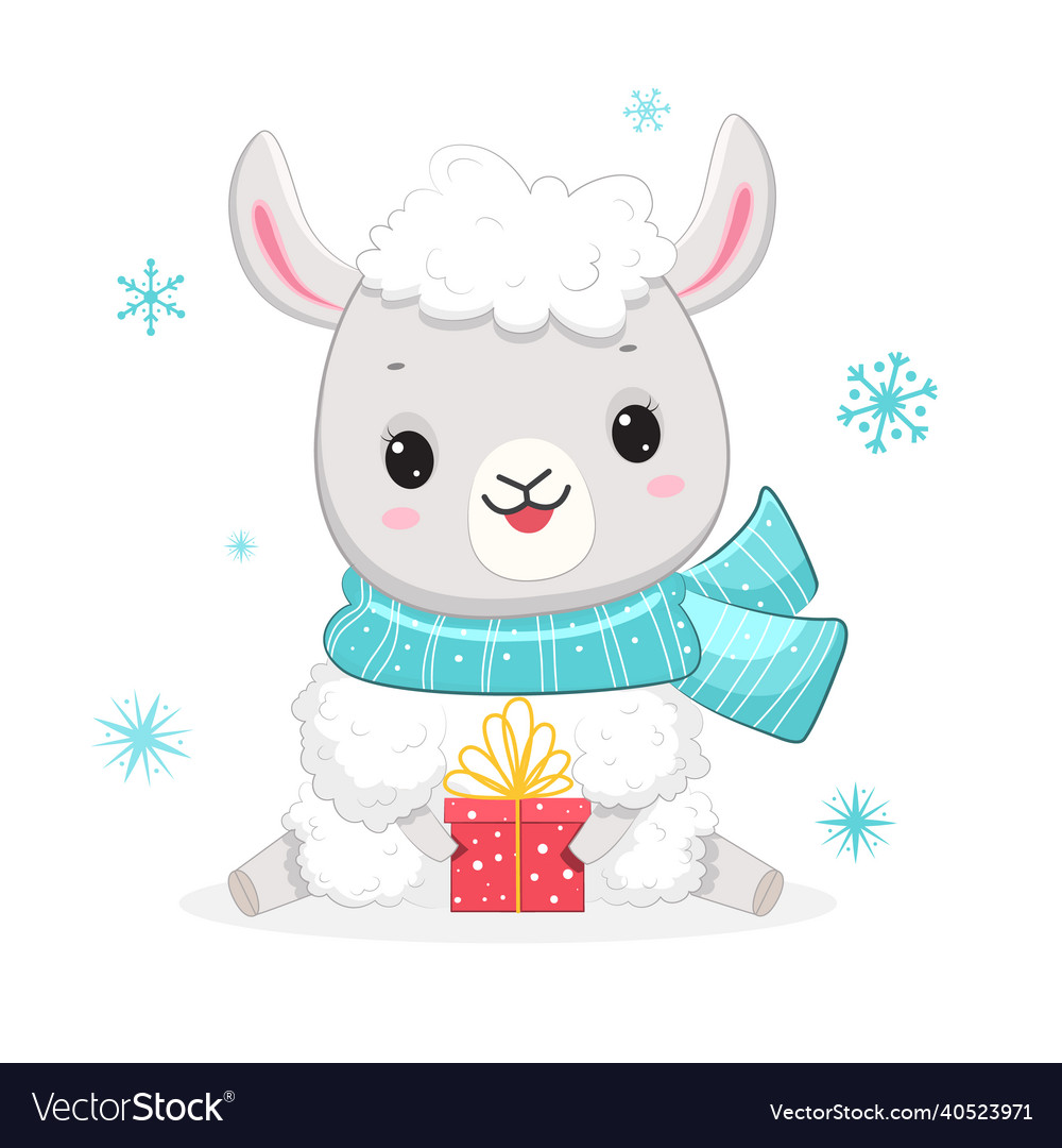 Cute white christmas llama with gift box