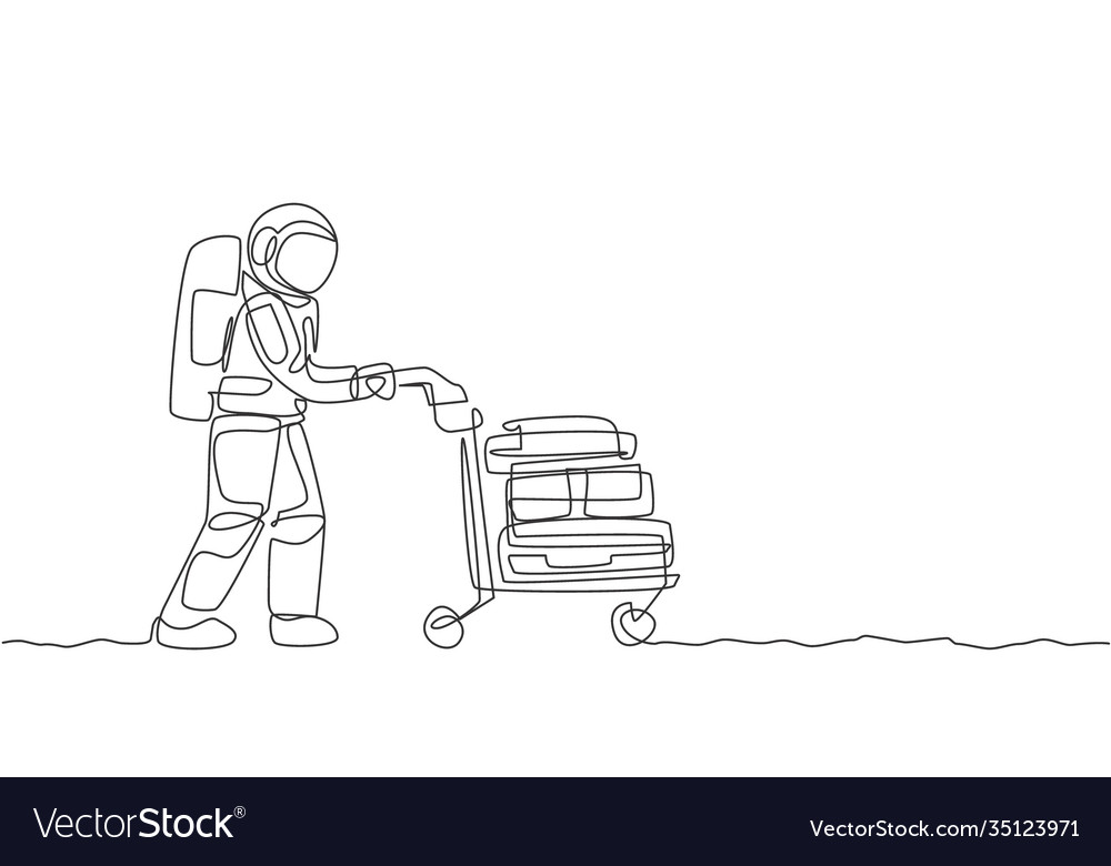 Single continuous line drawing young astronaut