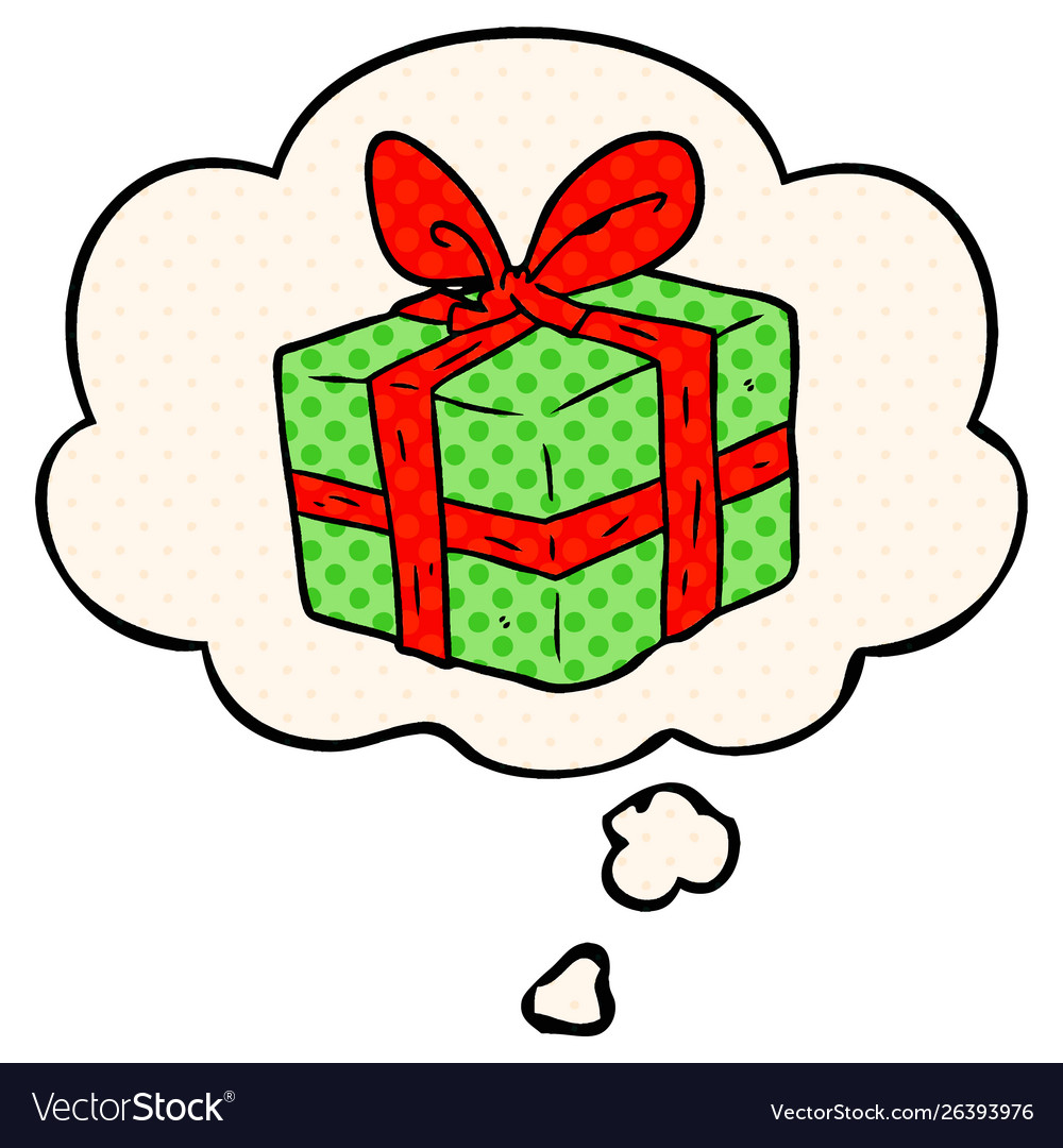 Cartoon wrapped gift and thought bubble in comic