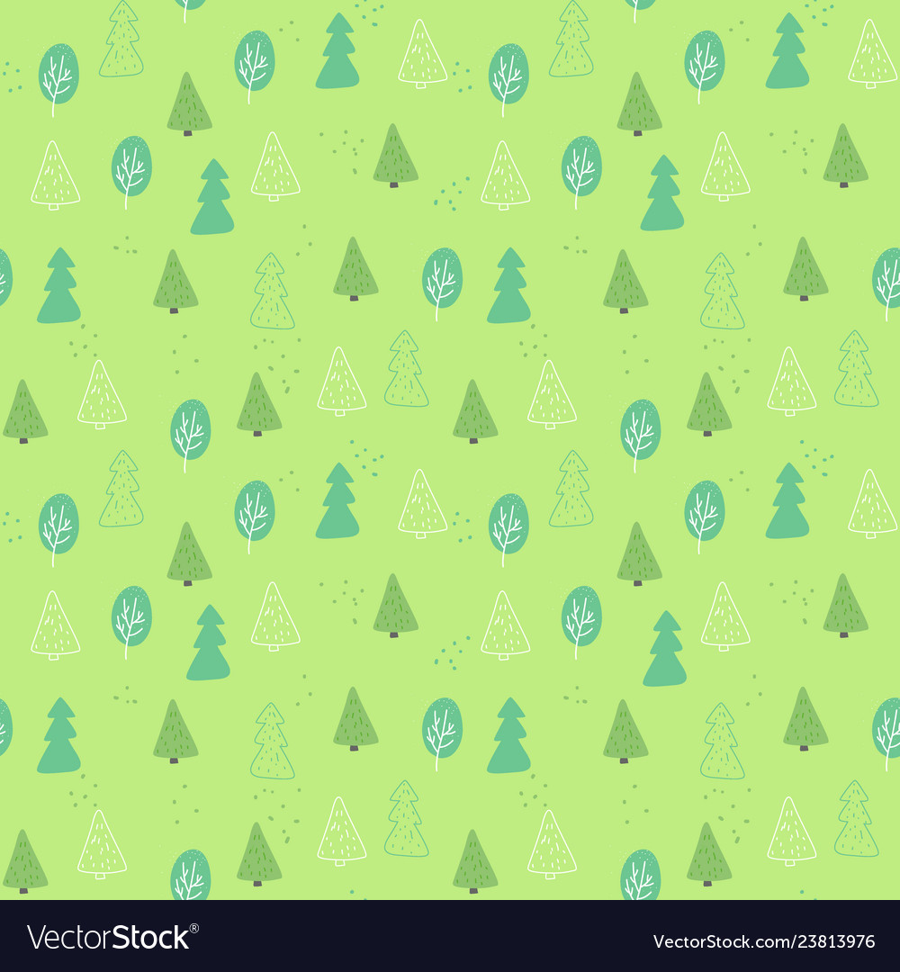 Seamless pattern of green tree in hand drawn style