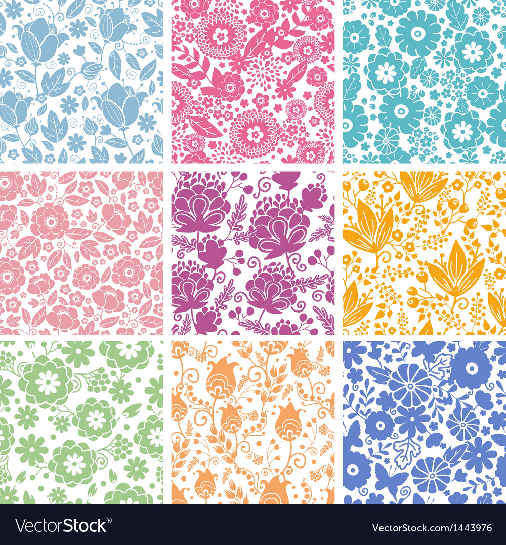 Set of nine abstract flowers seamless patterns