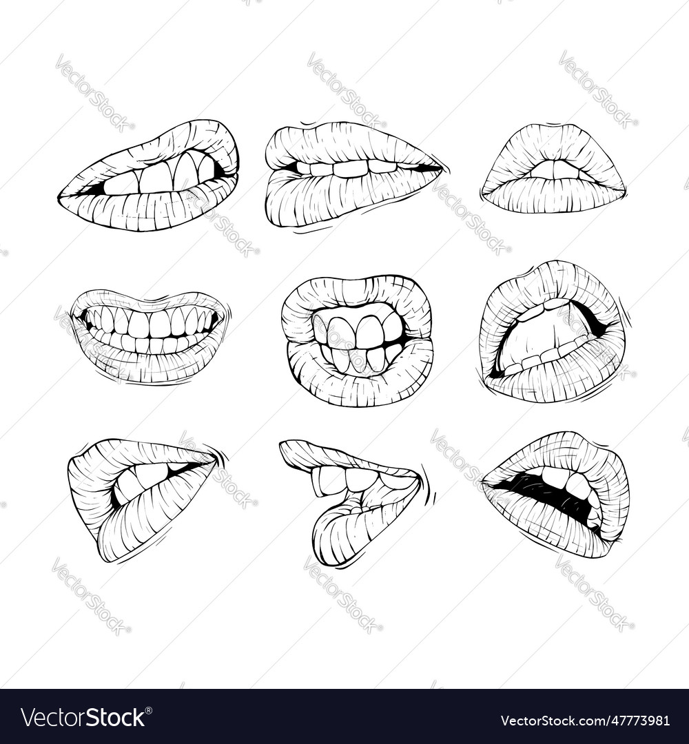 Set mouth expression collection sketch line art Vector Image