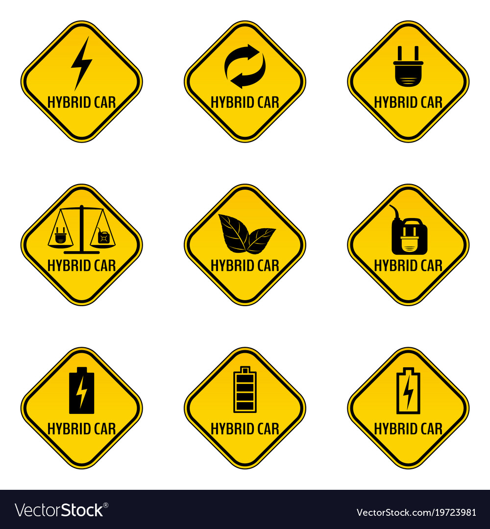 Set of hybrid car caution stickers save energy Vector Image