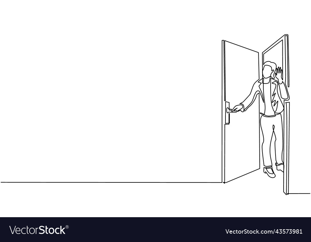 Continuous one line drawing businesswoman get kicked out of door