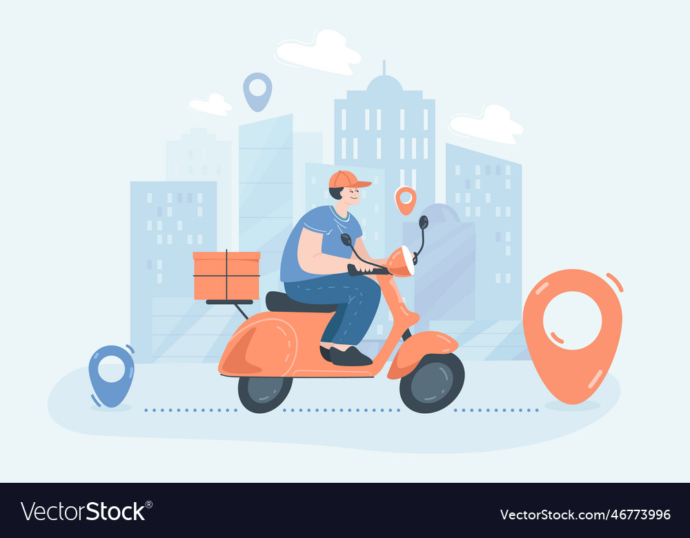 Cartoon courier delivering package on scooter