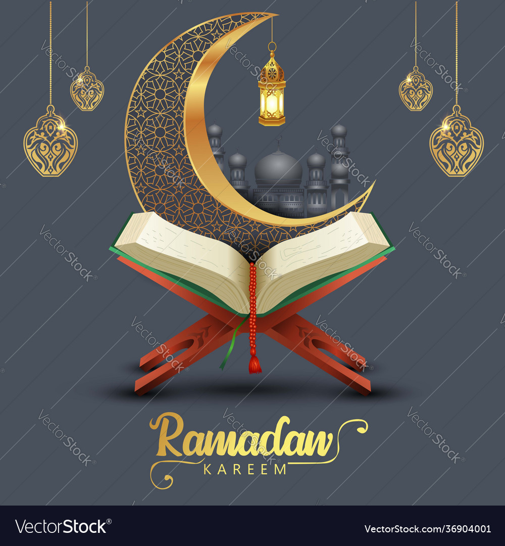 Ramadan kareem greetings with quran and wooden Vector Image