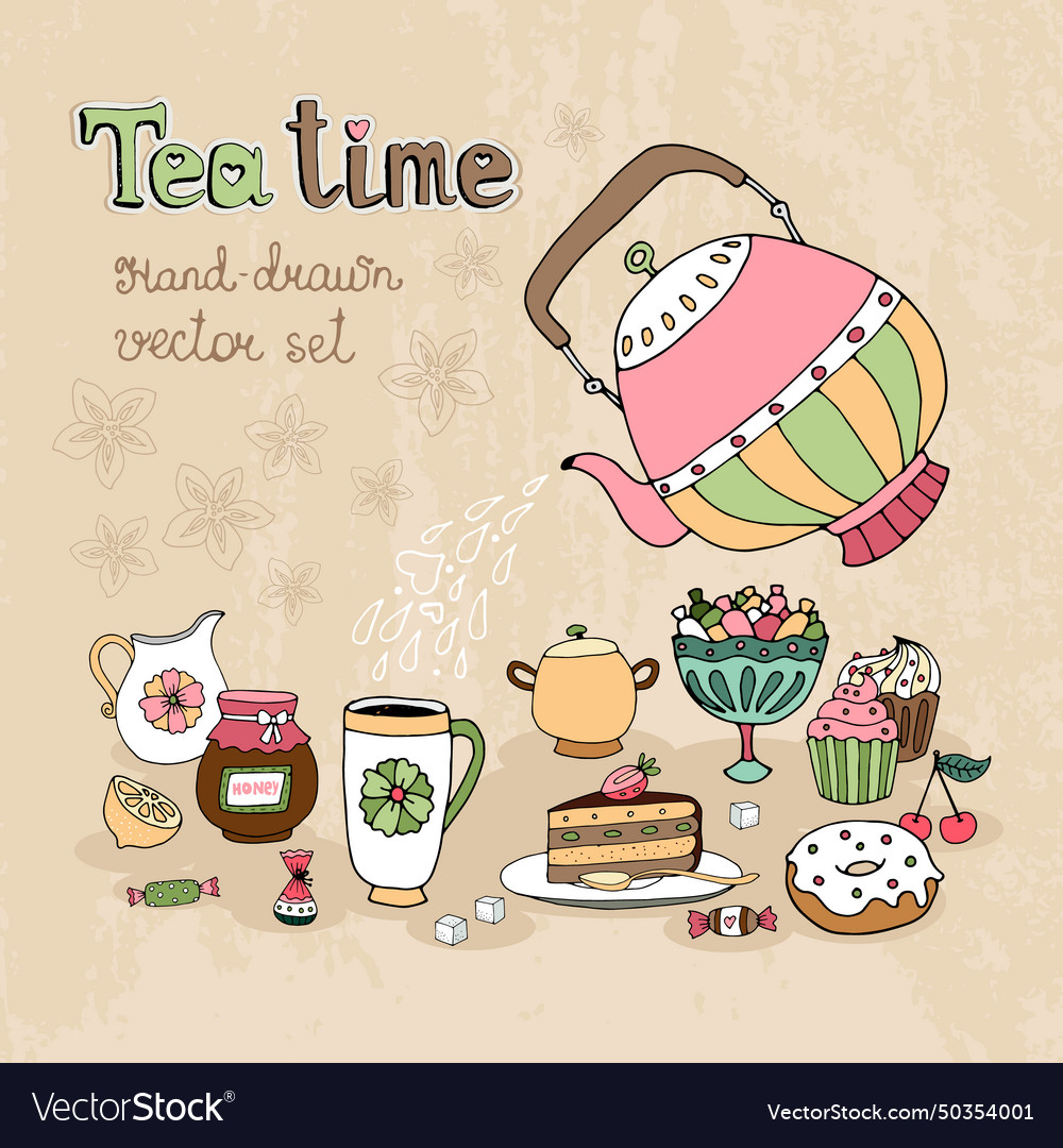 Set of hand drawn teatime design elements