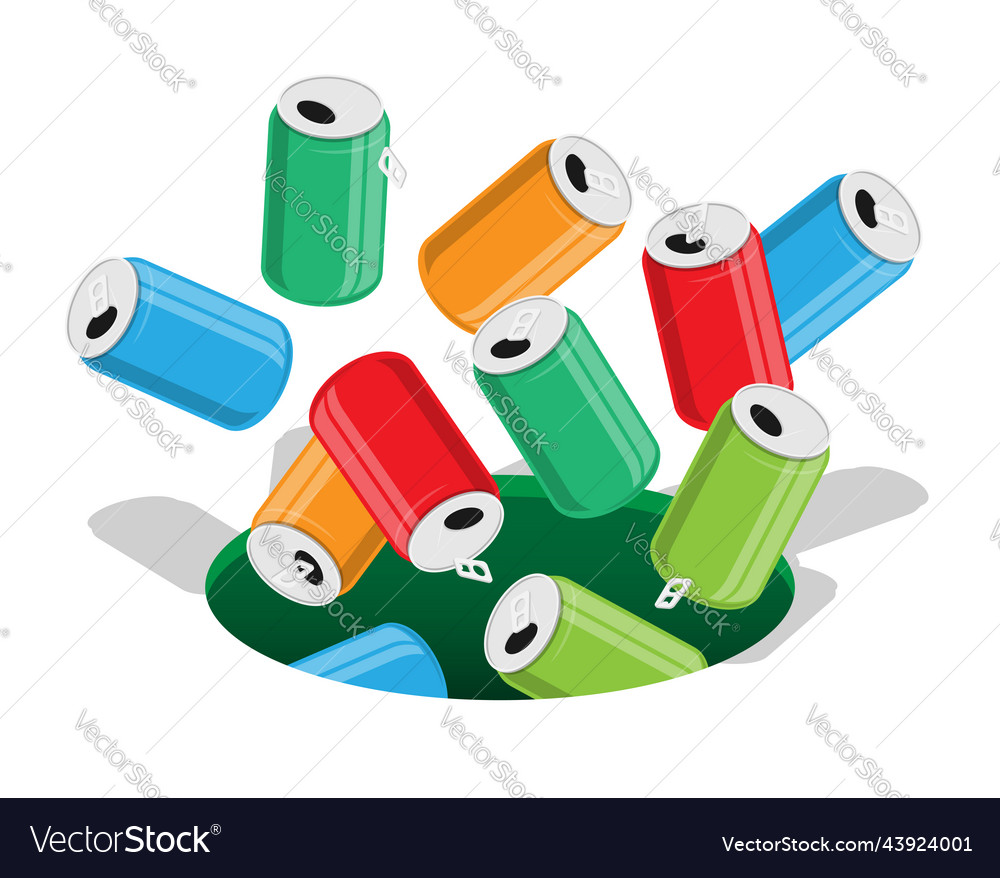 Used aluminum cans fall into recycle bin Vector Image