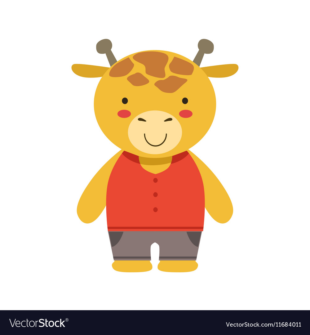 Smiling giraffe in red top and brown pants cute