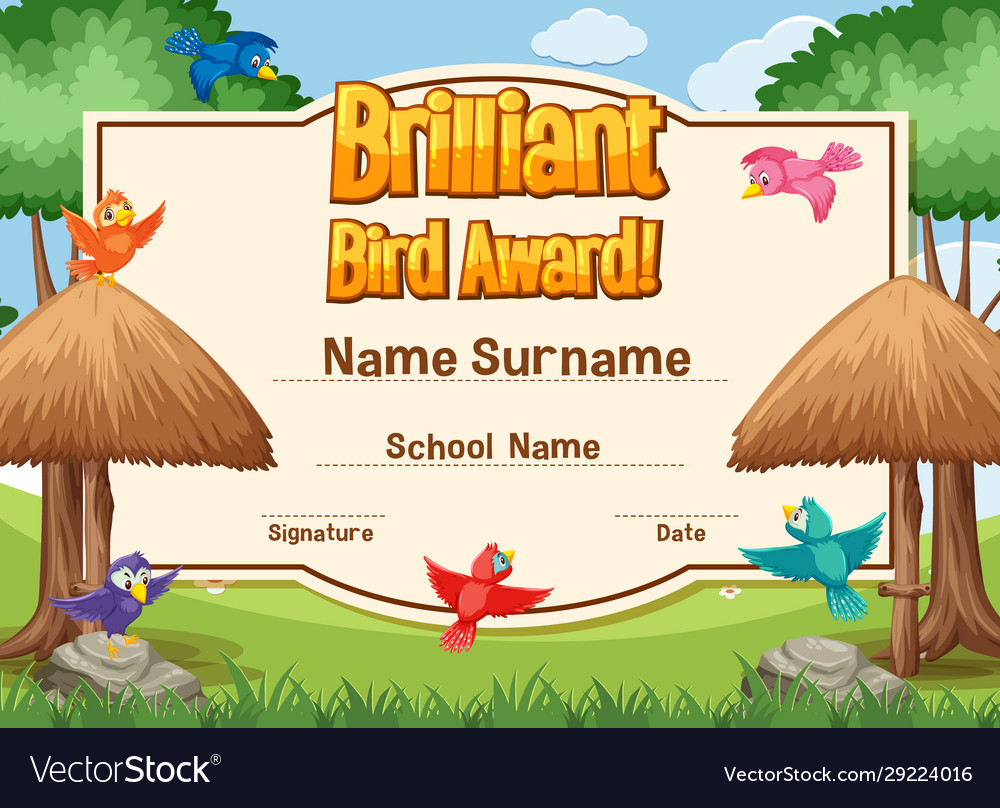 Certificate Template For Brilliant Bird Award Vector Image