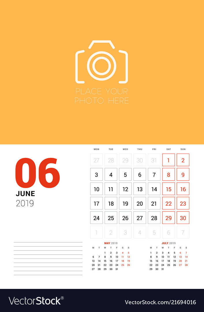 Wandkalender Planer Vorlage für Juni 2019 Woche