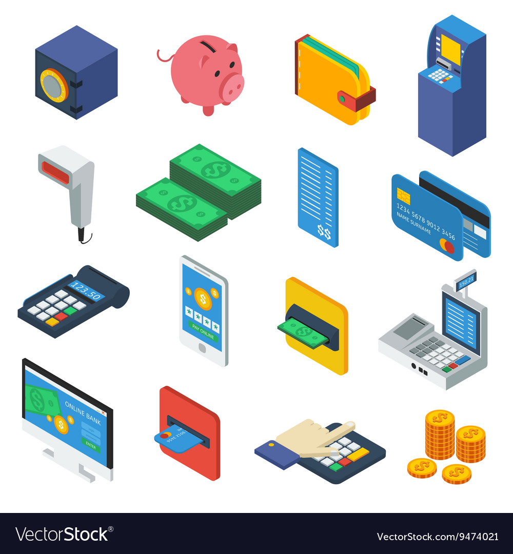 Atm isometric icons set Royalty Free Vector Image