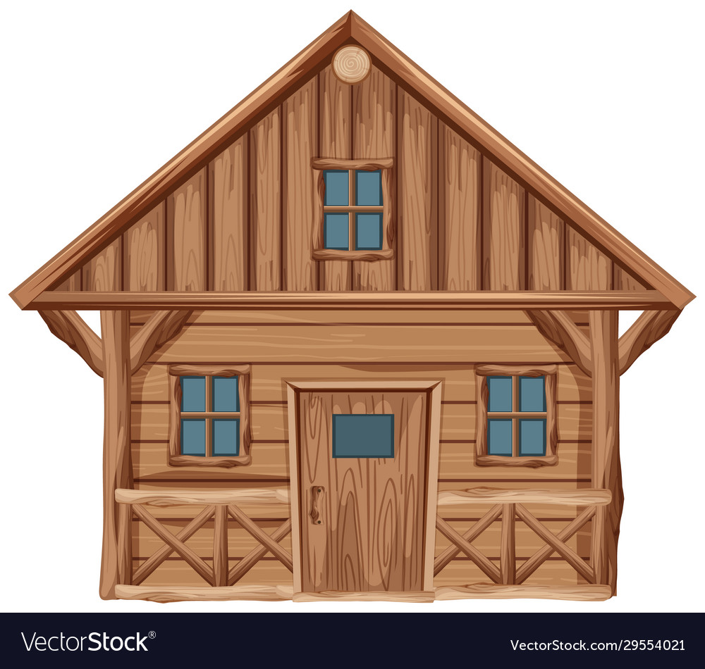 Wooden house with door and windows on white