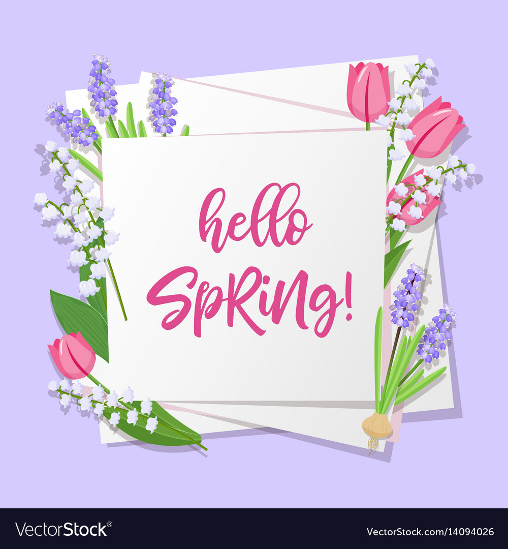 Hallo Frühling Schrift Blumen auf weiß