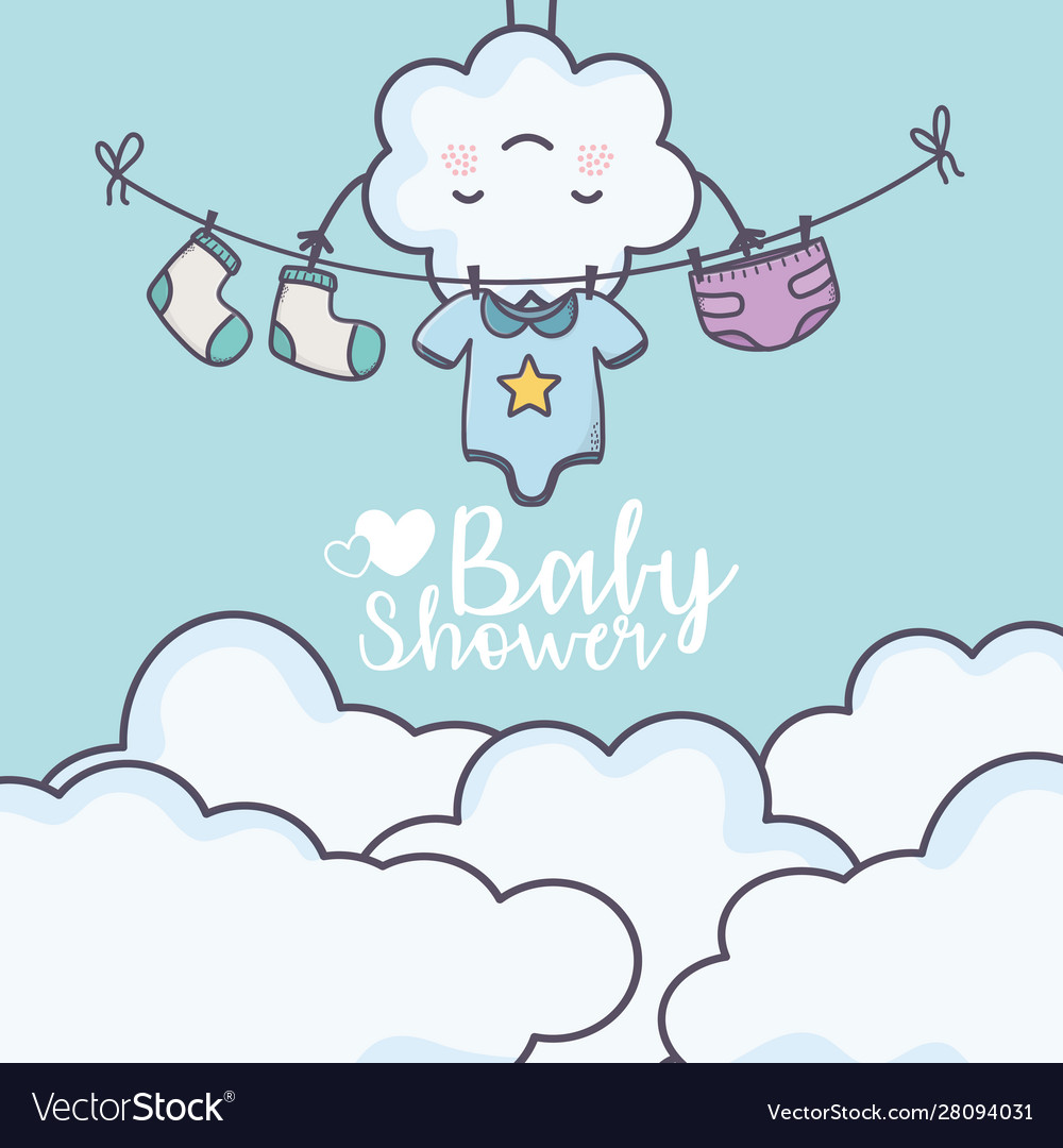 Baby shower cartoon cloud clothes hang card Vector Image