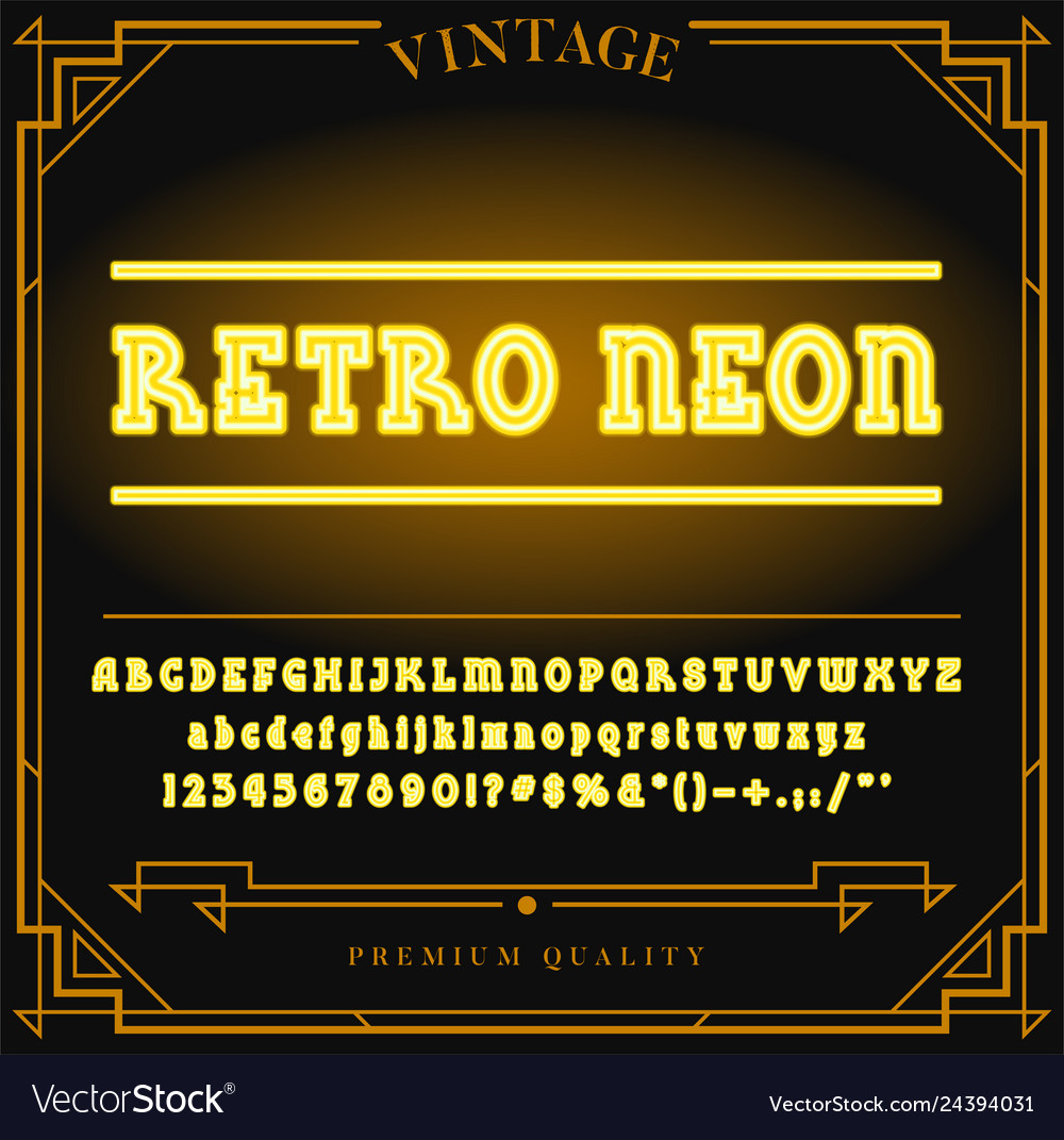 Bright neon alphabet letters numbers and symbols Vector Image