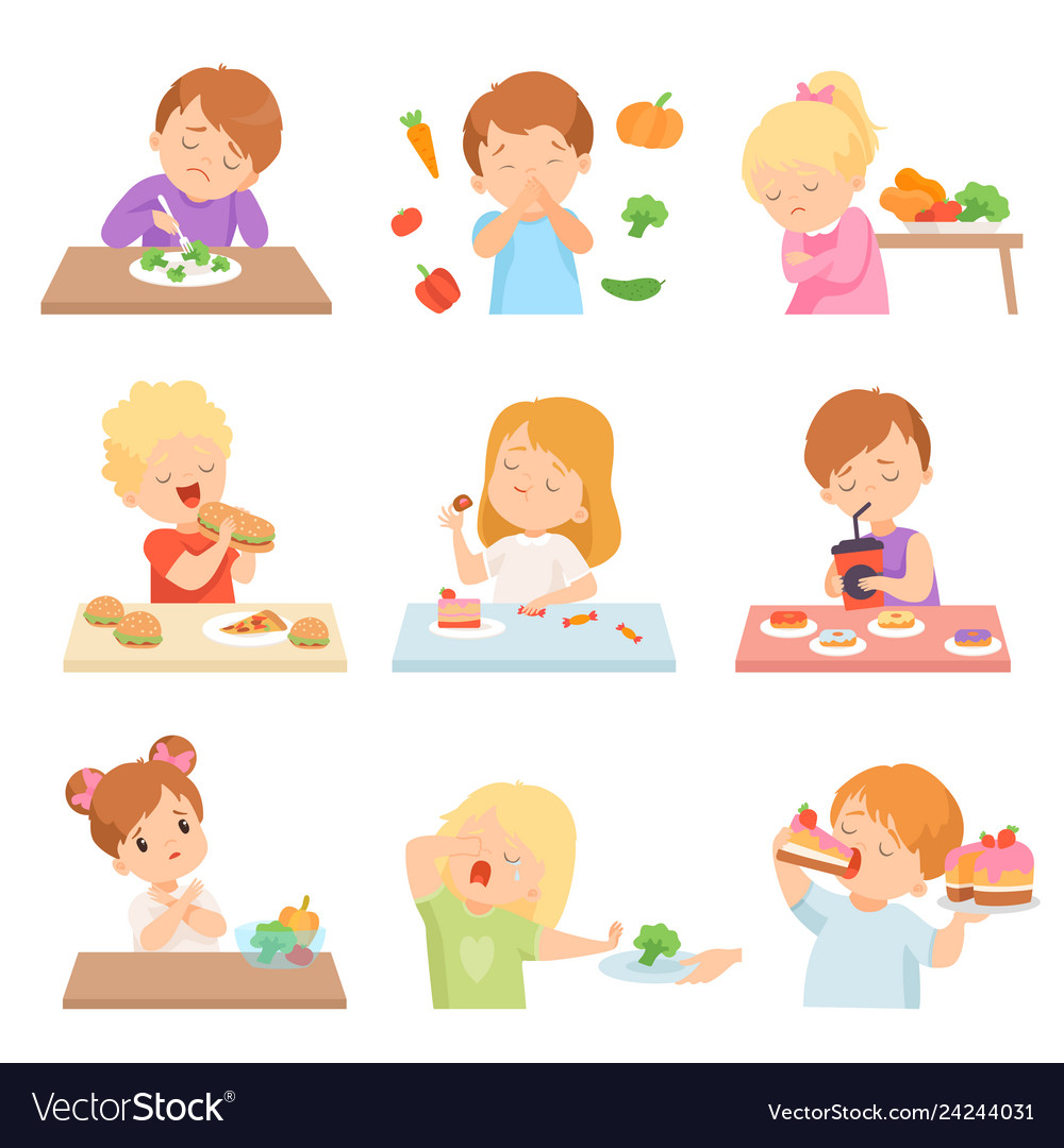 Children do not like vegetables set kids enjoying Vector Image