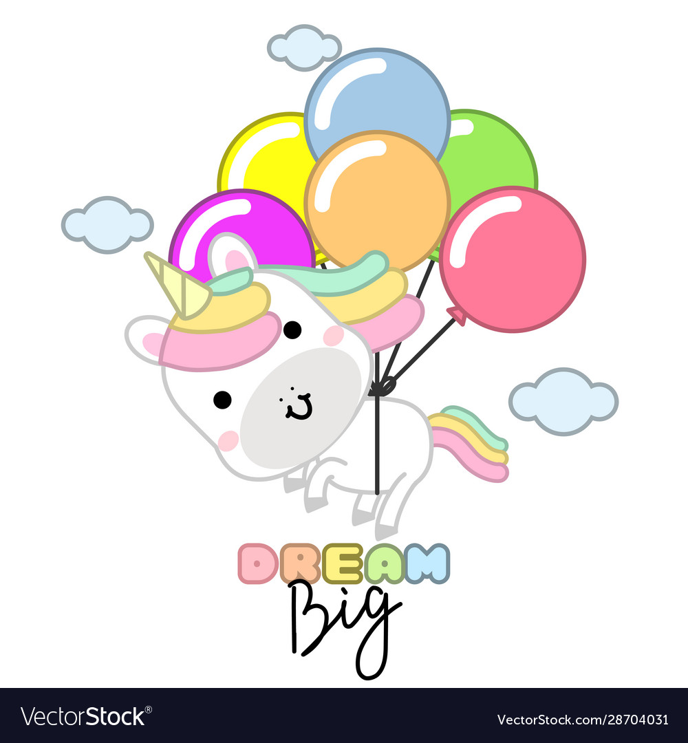 Cute magical unicorn flies with balloons